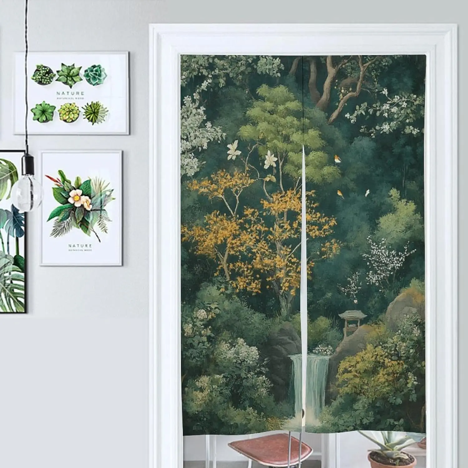 Japanese Style Landscape Screen Curtain, Traditional Ink Painting of Waterfall, Pavilion and Birds, Home Entrance Decoration