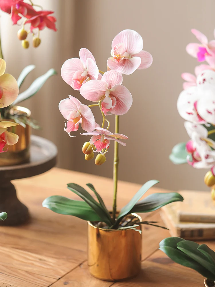 

Gold round basin single head simulated flower, butterfly orchid, artificial flower, silk flower, new Chinese style living room