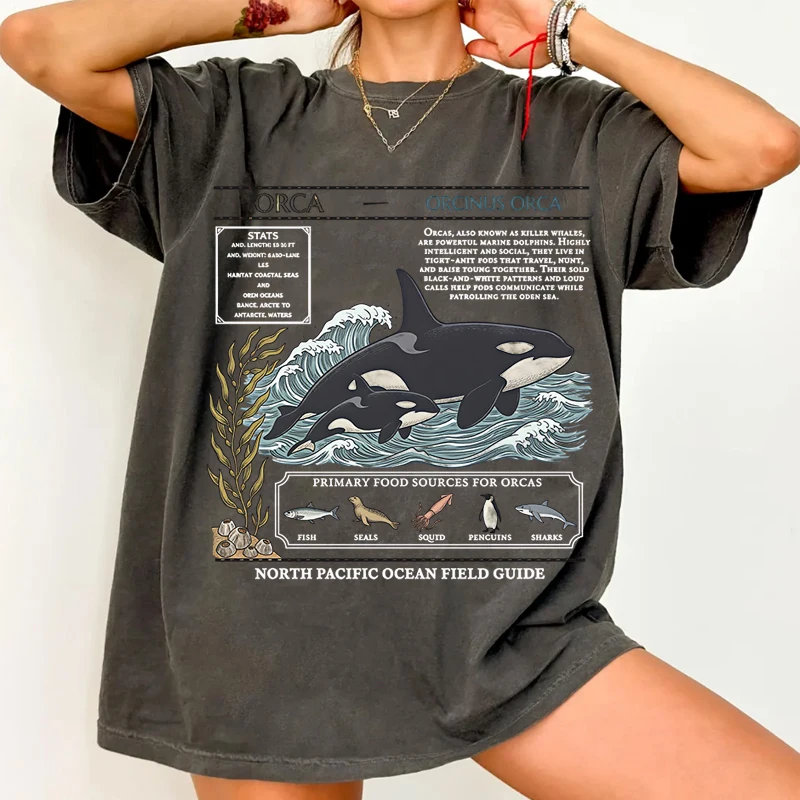 Vintage Orca Field Guide T Shirt Men Women Whale Ocean Life Tee Shirt Casual Round Neck Cotton Short Sleeve T-shirt Clothing