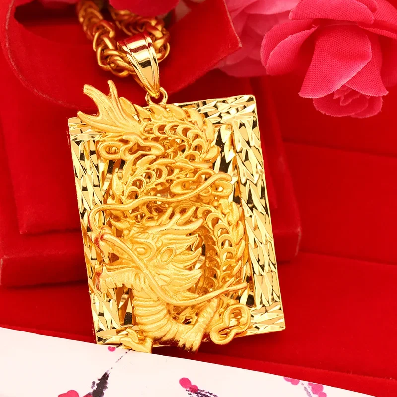Rectangle Cut 14 k Yellow Gold Pendant For Men Retro Embossed Dragon necklace Pendant Wedding Birthday Gift Jewelry No Chain