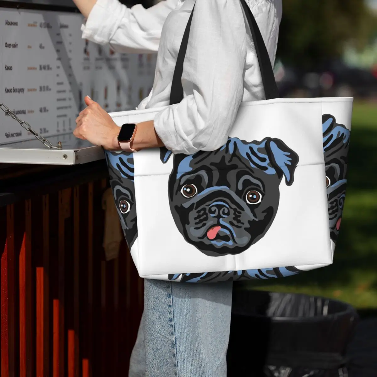 

Black Pug Beach Tote Bag Sport Gym Yoga Duffle Large Tote Bag Women Travel Bag Fitness bag