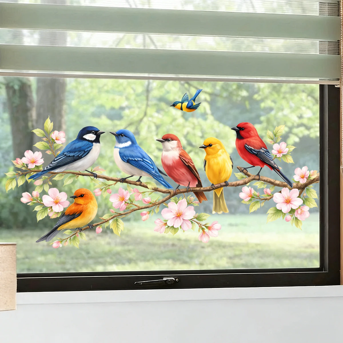 Watercolor Birds & Cherry Blossoms Window Stickers,Static Clings,Colorful Bird Floral Decals for Home Office,Spring Home Decor view 3
