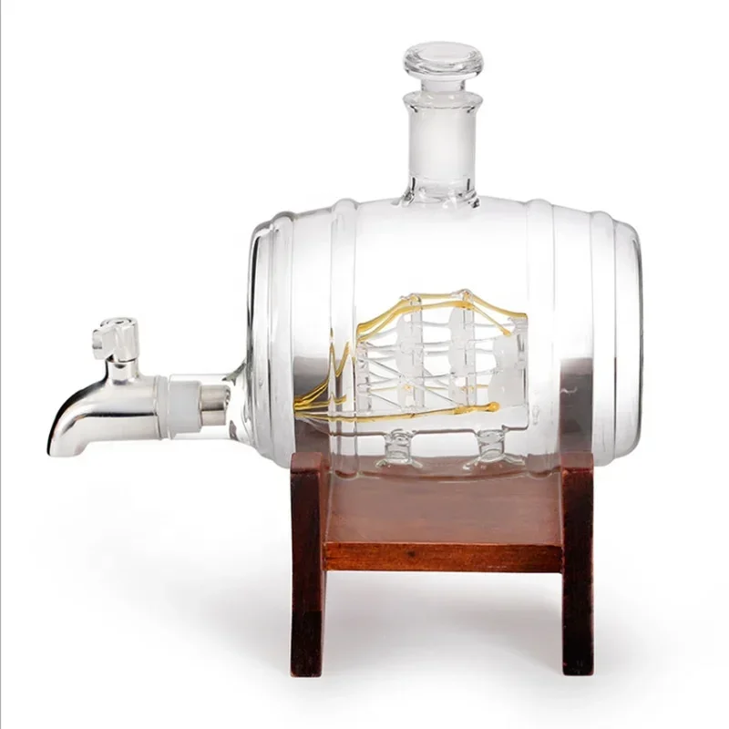 Hot sales Handmade Borosilicate Unique Dispenser 1000ml Glass Barrel  Bottle Decanter With Stopper Wood Holder