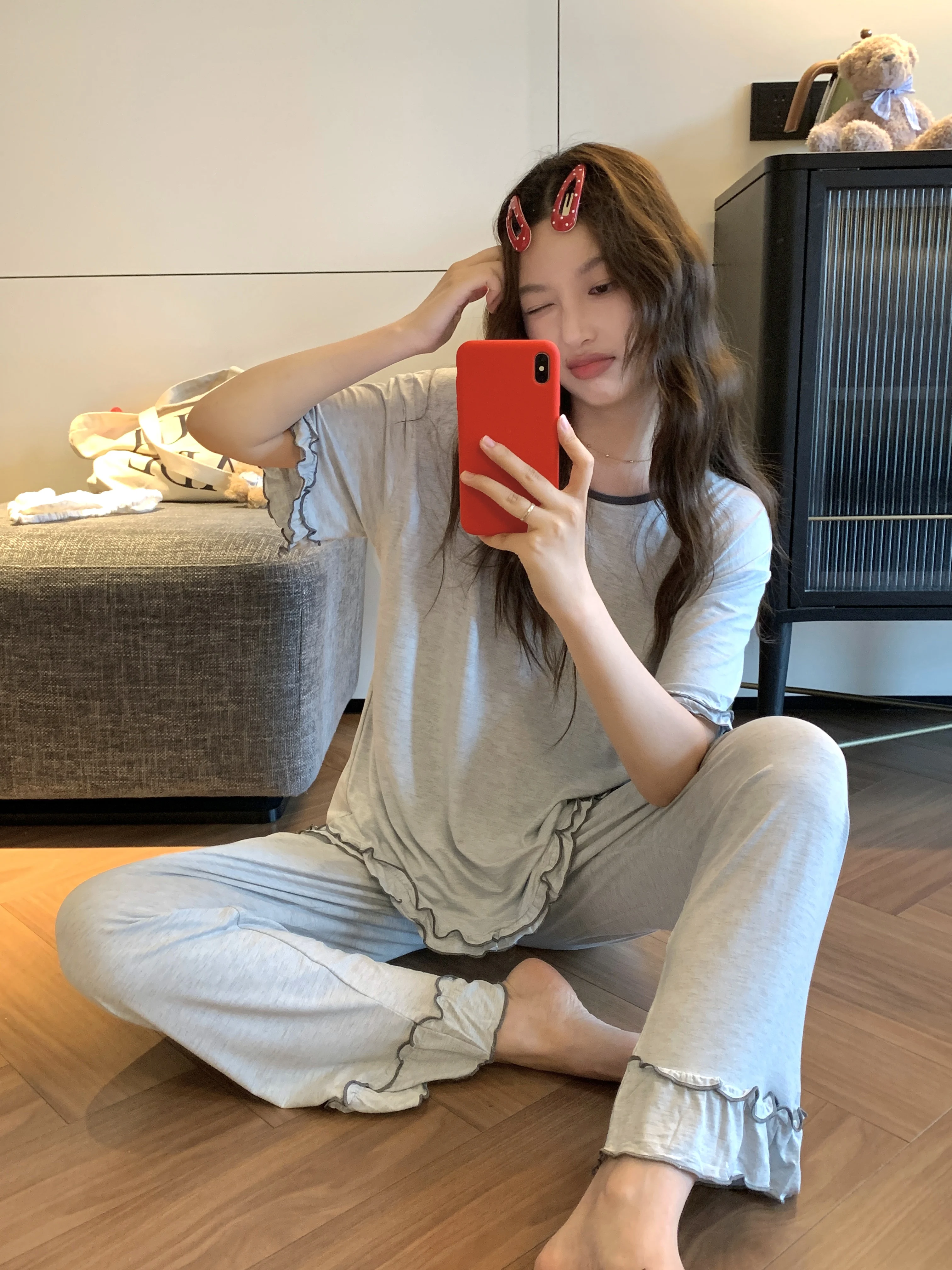 Korean Sweet Wood Grain Ruffle Sleepwear Women's Short Sleeve Long Pants Home Clothes Set Can Be Worn outside Modal Material