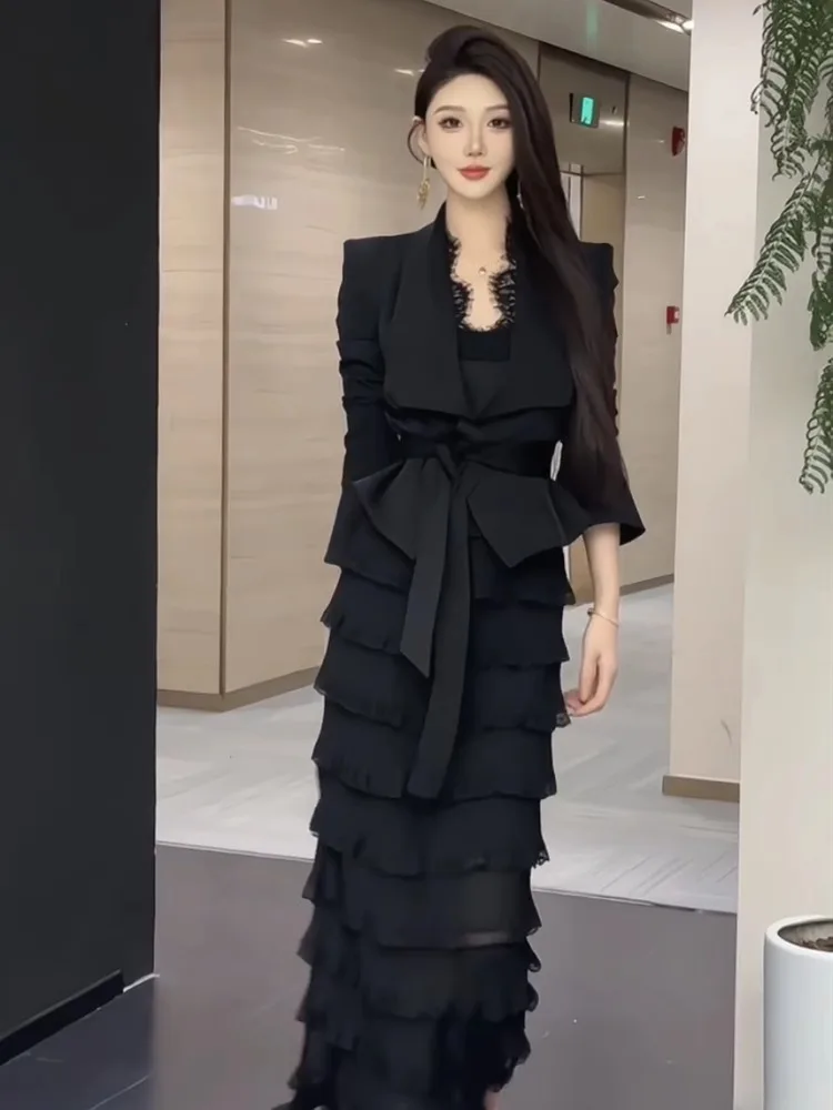 

High end goddess style temperament set 2025 autumn new fashion lapel Blazer waist cinching jacket slimming cake skirt