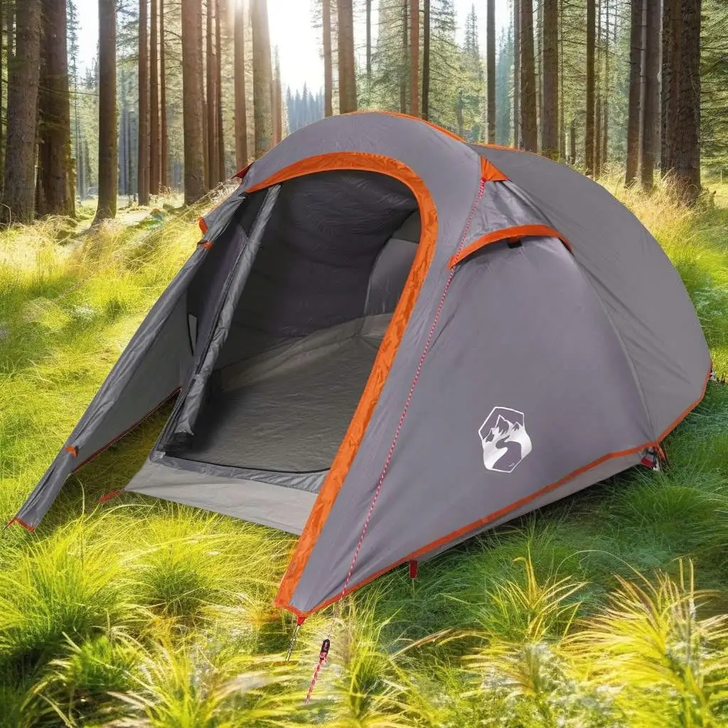 Waterproof Grey & Orange 2-Person Tunnel Camping Tent for Outdoor Adventures