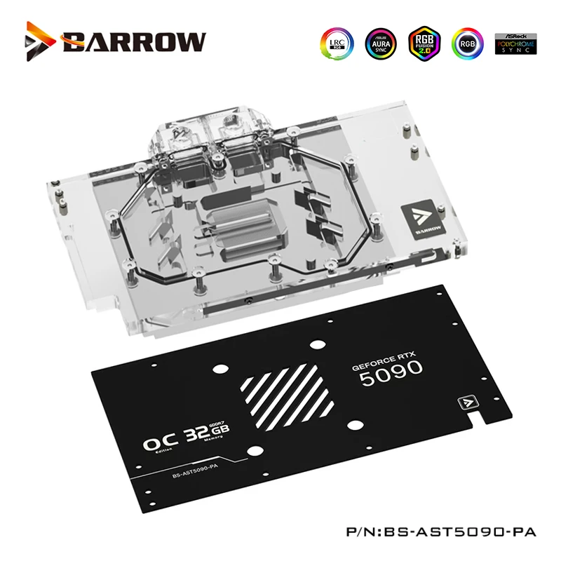 Barrow GPU-waterblok voor de ASUS TUF RTX5090 D O32G GAMING-grafische kaart, met koelsysteem en achterplaat, model BS-AST5090-PA.