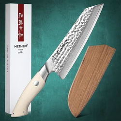 HEZHEN 7 Inch Santoku Knife Damascus Steel Kitchen Knife 10Cr15CoMov Steel Core Cooking Cutlery Kitchen Tools