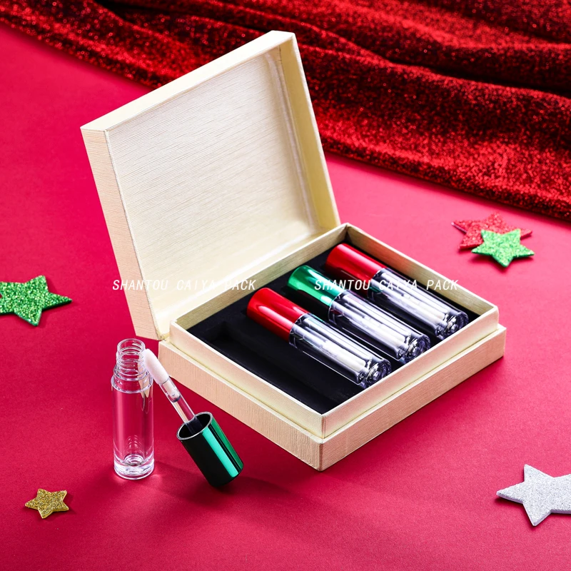 4PCS Christmas Gift Box Set 5ML Lip Gloss Tube Empty Refillable Lip Balm Bottle Metallic Green Red Plastic Lip Oil Containers