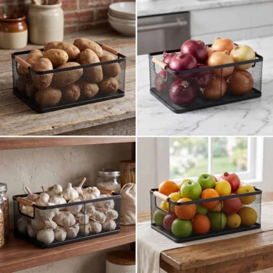 Potato and Onion Storage Bin, Set of 2 Potato Storage Onion Holder with Wooden Handle, Metal Mesh Vegetable Storage Fruit Baske view 6