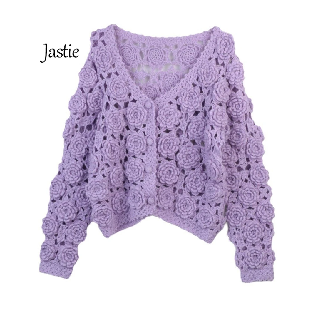 

Jastie 2024 Spring And Autumn New Purple Sweater Women Mohair Hand Hook Three-dimensional Flower Sweater Long-sleeve Cardigan