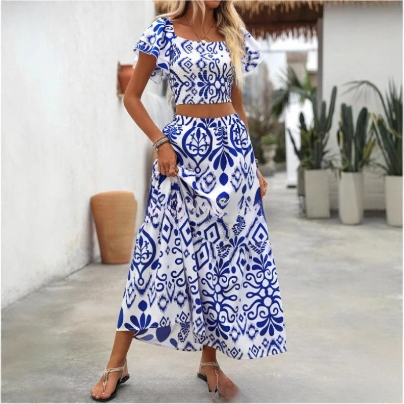 2025 Summer Fashion Plant Flower Printed Casual Vacation Street 2 Piece Set Women Square Neck Short Sleeve Crop Top Maxi Skirt