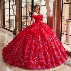 Red Shiny Princess Ball Gown Quinceanera Dresses Off The Shoulder Sequin Applique Lace Beads Tull Sweet 16 Dress Vestido De 15