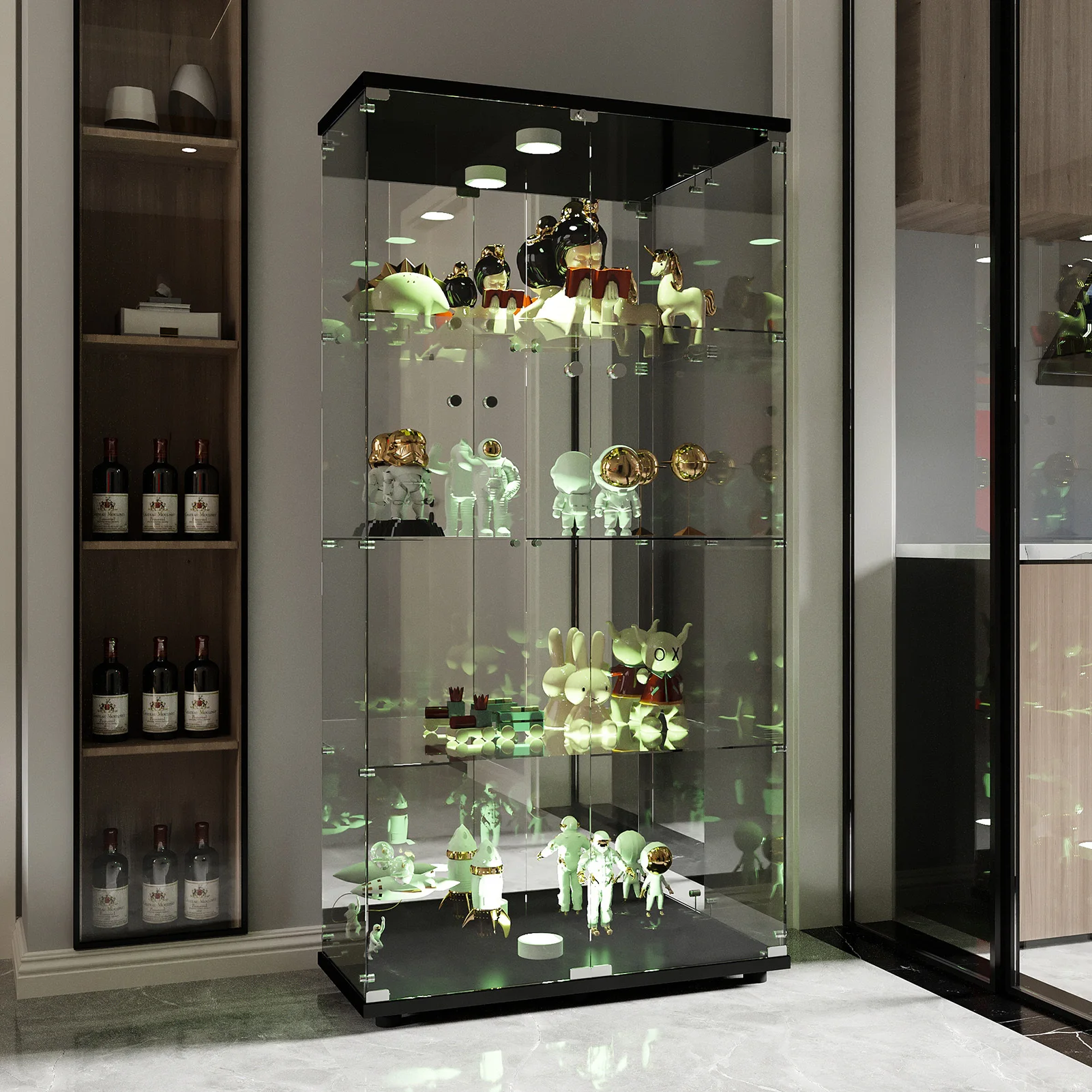 Vitrine en verre LED, vitrine sur pied à 4 niveaux, vitrine pour salon, chambre à coucher, entrée, décoration de chambre, blanc/noir