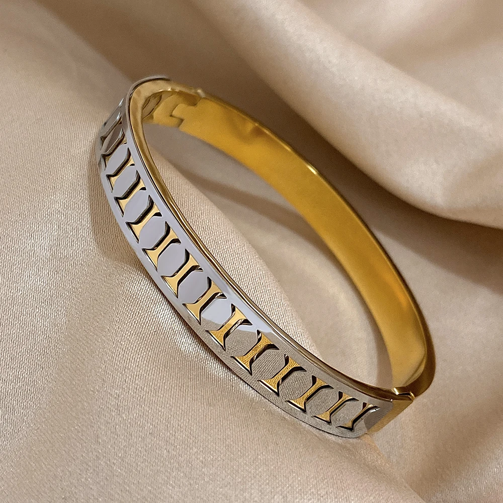 أزياء هندسية الذهب والفضة اللون الفولاذ المقاوم للصدأ الكفة الأساور للنساء لامعة السلس أساور المعصم مجوهرات للماء #5