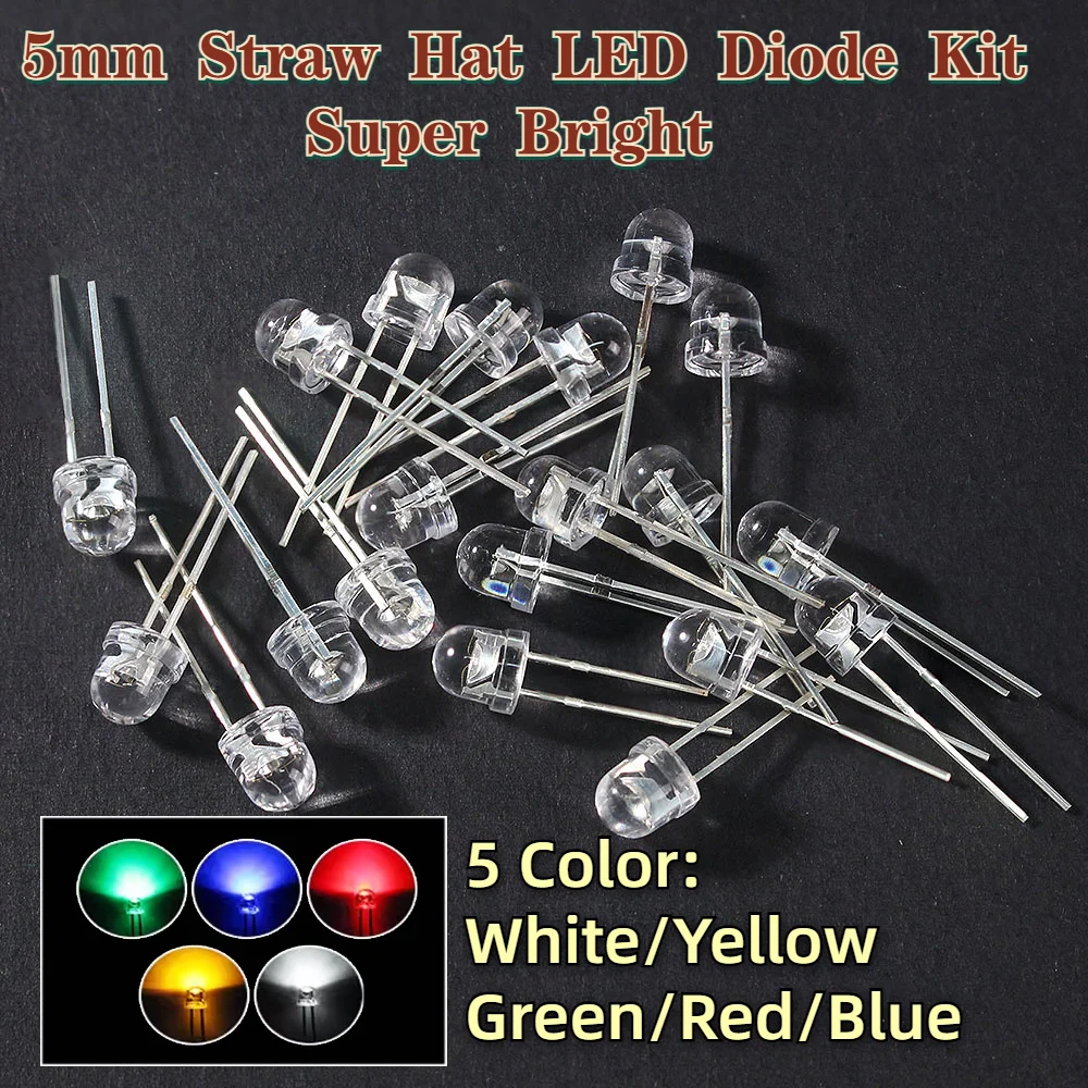 50-100PCS 5mm transparent Straw Hat LED Diode Super Bright F5 Power Light Emitting Diodes Blue Green Red Yellow White DIY