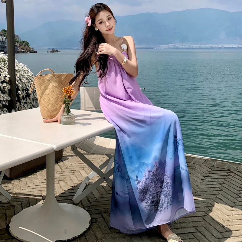 

New Tie dye Women Long Sexy Chiffon Sundress Summer 2024 Halter Elegant French Fairy Dress Honeymoon Vacation Party Night Dress