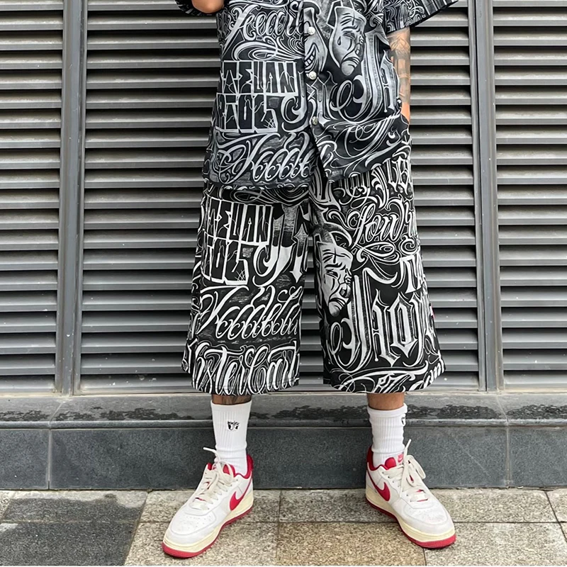 Streetwear West Coast pantaloncini sopra il ginocchio floreali con stampa completa per uomo estate Patchwork gamba larga pantaloni larghi a cinque