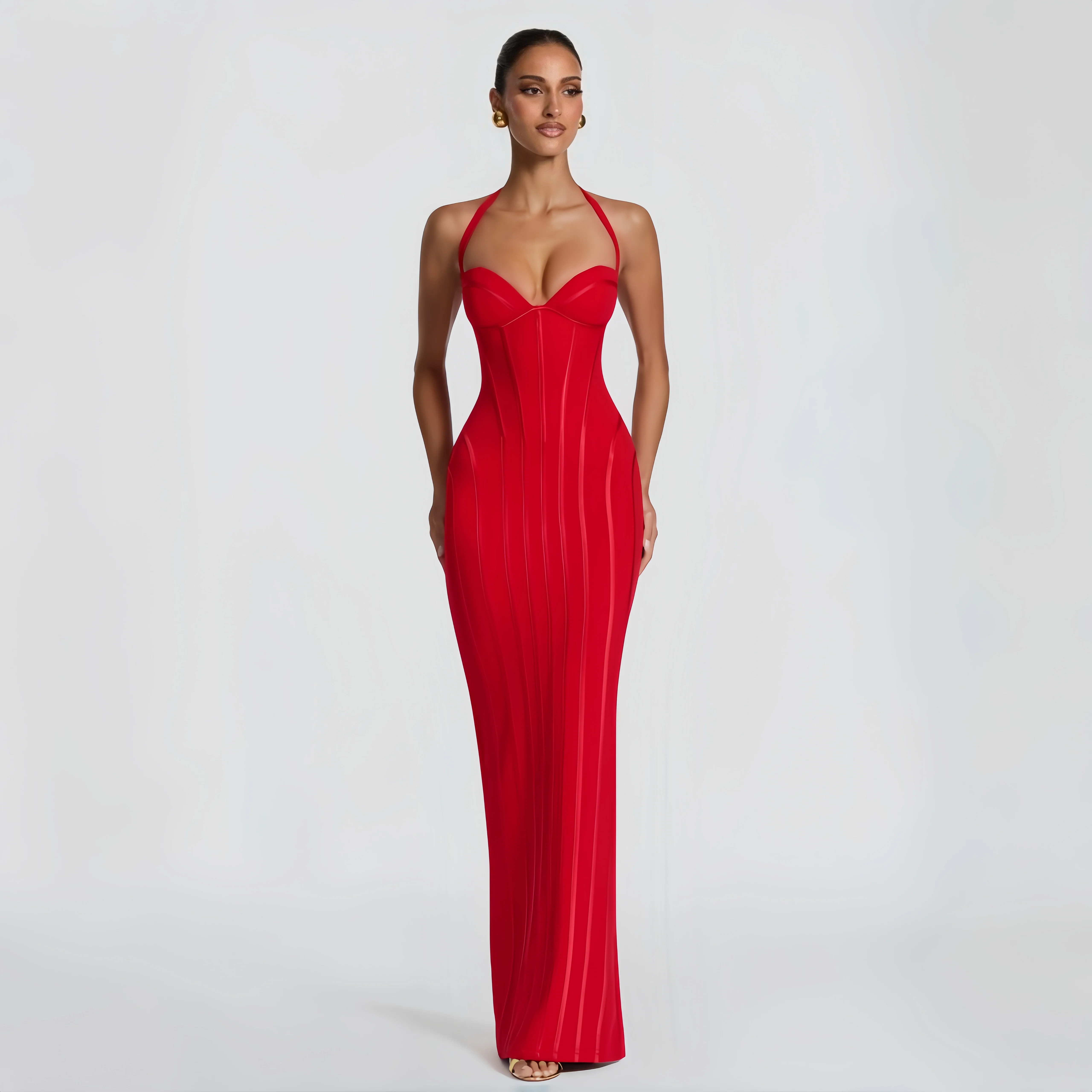 European American Hot Girl Red Halter Backless Evening Dress Vertical Stripe Fishbone Bodycon Mermaid Maxi Gown Date Night Club