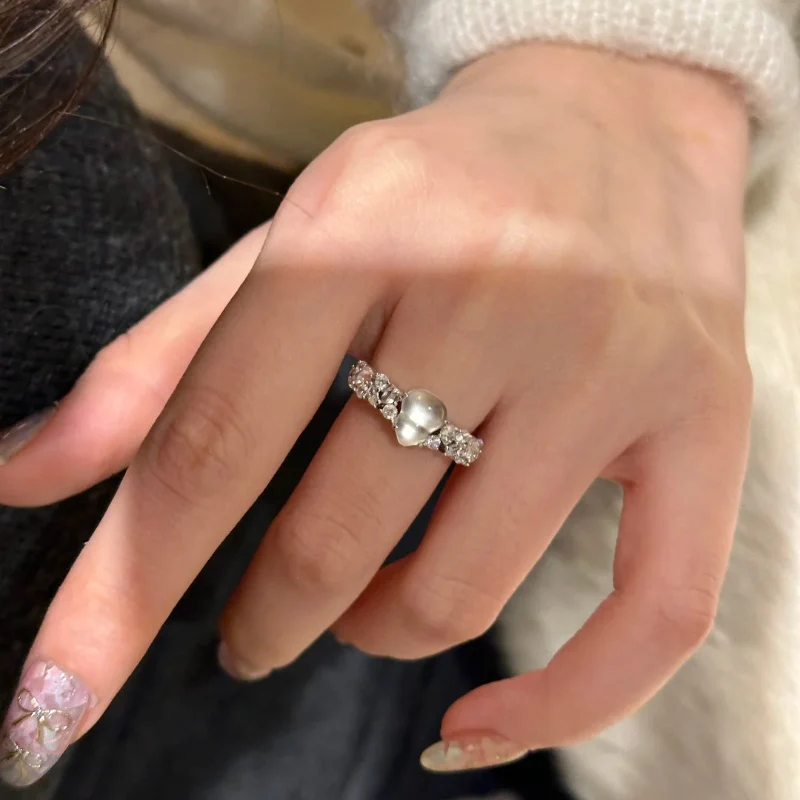 Clear and Cold Little Ice Moon Jade Marrow Gourd Ring Women's New Inlaid Craftsmanship Rings Silver Color Jewelry