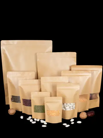 100 pz/lotto Stand Up Sacchetti di Carta Kraft con Finestre Snack Food Sacchetti A Chiusura Lampo Noci Sigillati Sacchetti di Imballaggio Alimentare con Notch a strappo