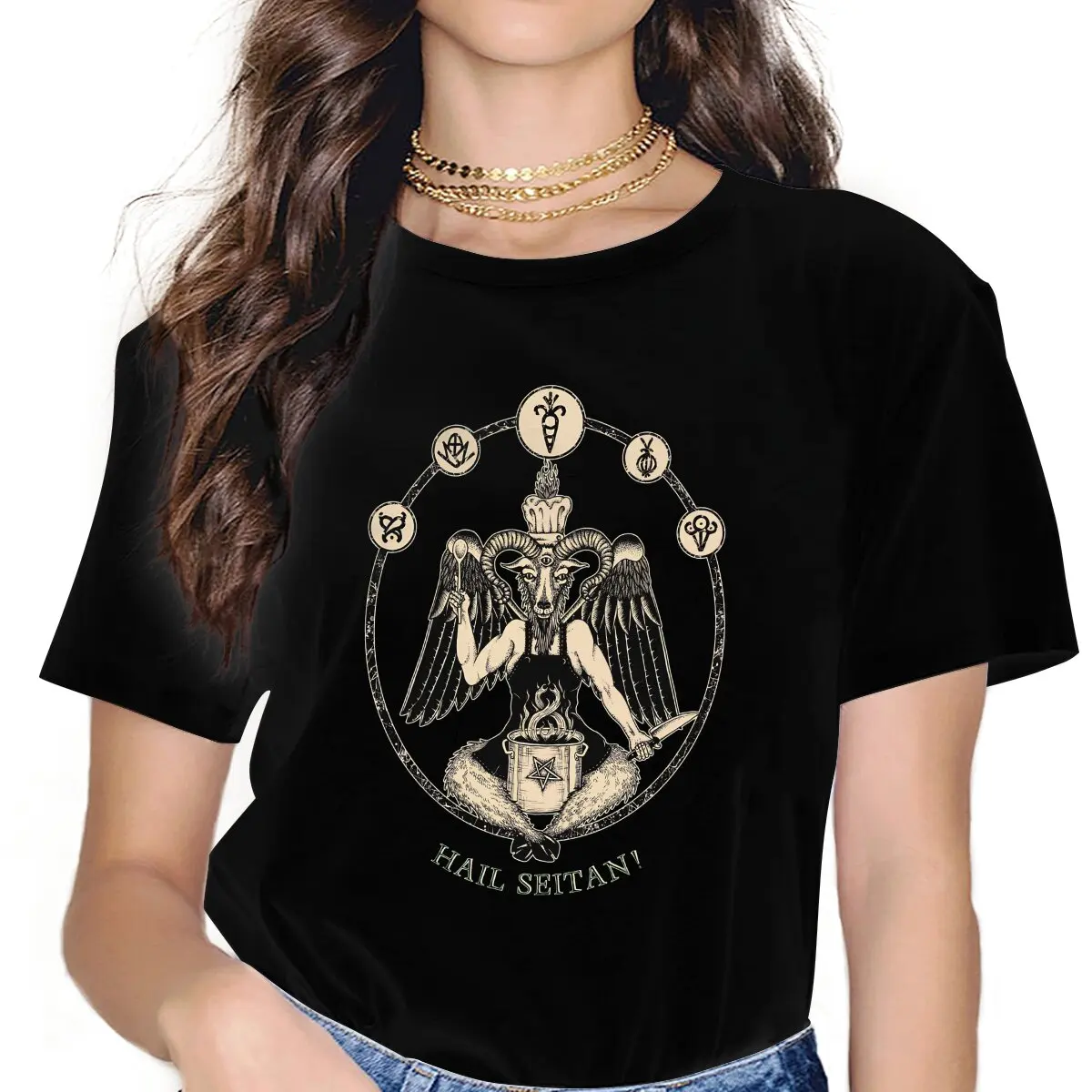 Camiseta de Chef vegano Baphomet para mujer, ropa holgada de manga corta con gráfico, manga corta, granizo Seitan, estética Vintage