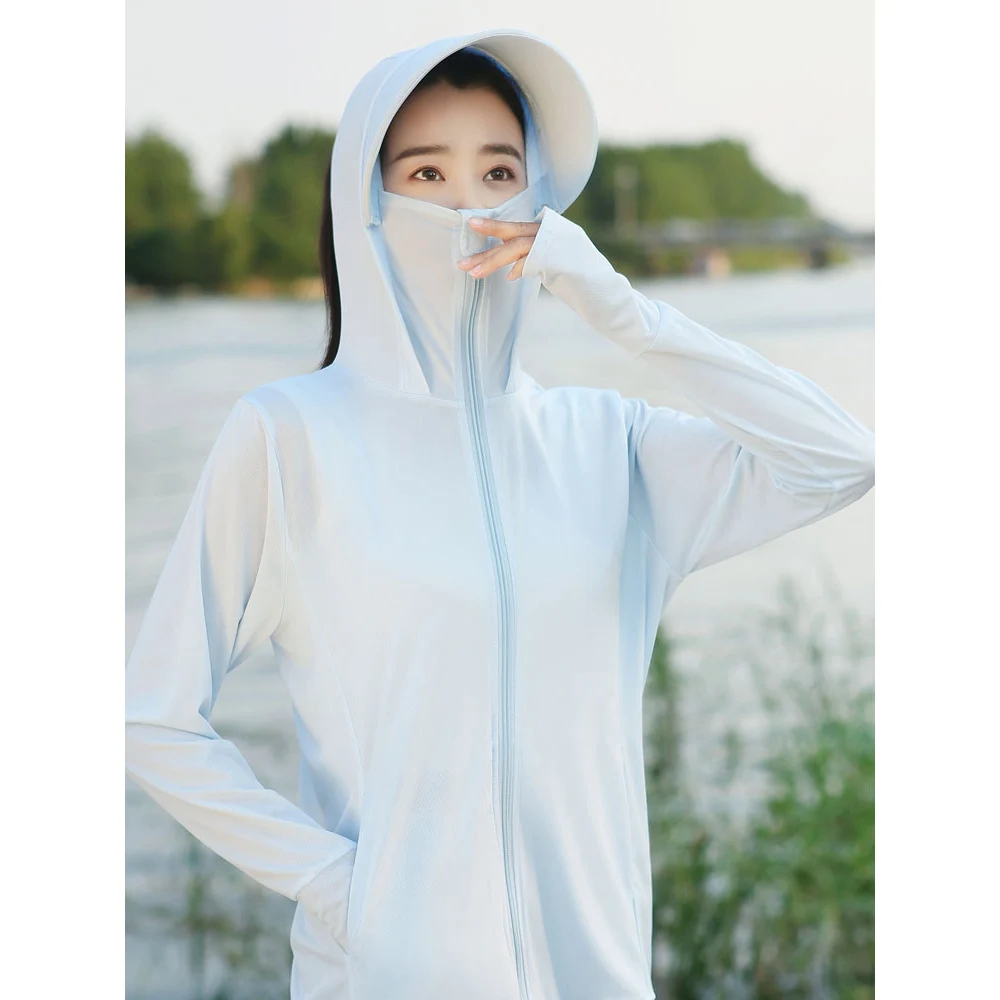 Ice Feeling Sunscreen Jacket For Women Summer UPF 50+UV Outdoor Sport Sun Protection Hoodie Shirts Ice Silk Cycling Fishing Coat