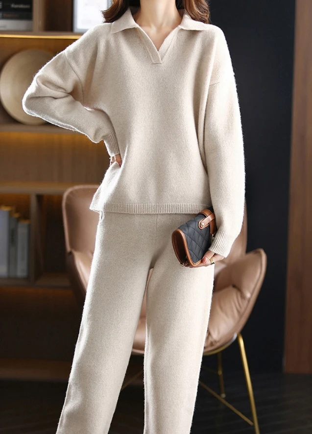 

Two Piece Set Women Outfit 2025 Autumn Loose Turn-Down Collar Long Sleeved Sweater & High Waisted Casual Wide Leg Pants Set