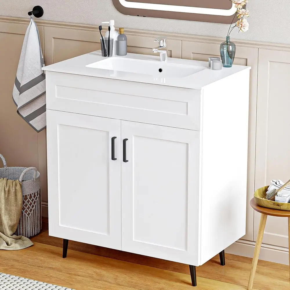 

30 Inch White Bathroom Vanity with Ceramic Sink and Countertop, Easy Assembly