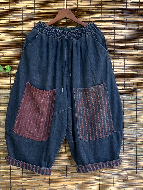 Retro Fashion Large Pocket Denim Jeans Women Loose Slimming Wide Leg Pants Autumn New Style Printed Personalized Casual Trousers