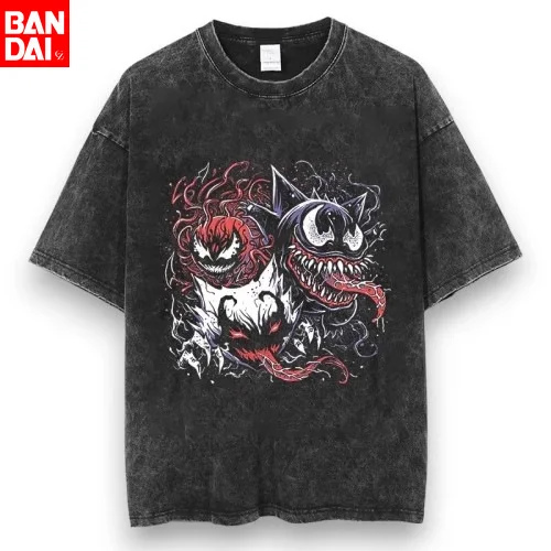 

Pokemon Gengar Kaiju City Print T Shirt Men 2026 Summer Vintage Acid Wash Oversized Tee Anime Streetwear Harajuku Loose Cotton