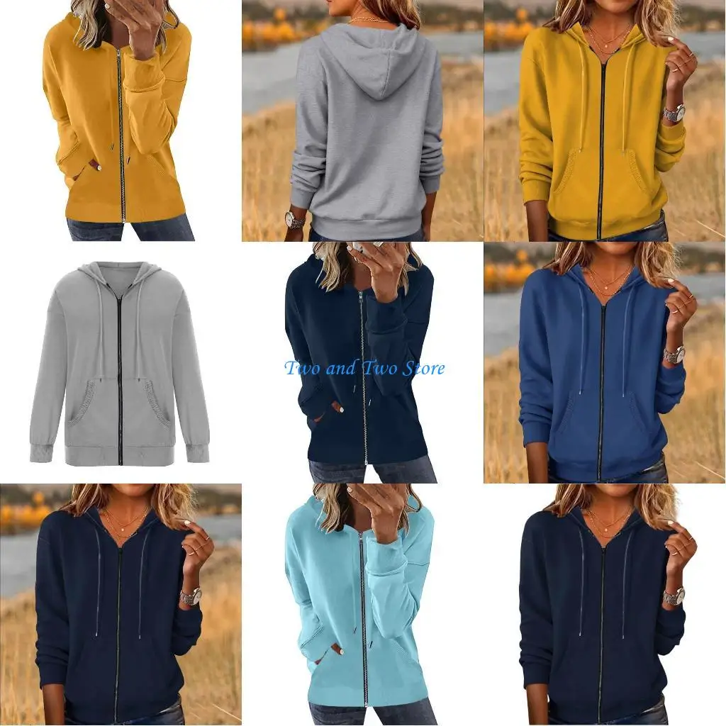 

HX6F Women's hooded casual winter coat, loose fit, trendy hooded zip-up sweatshirt