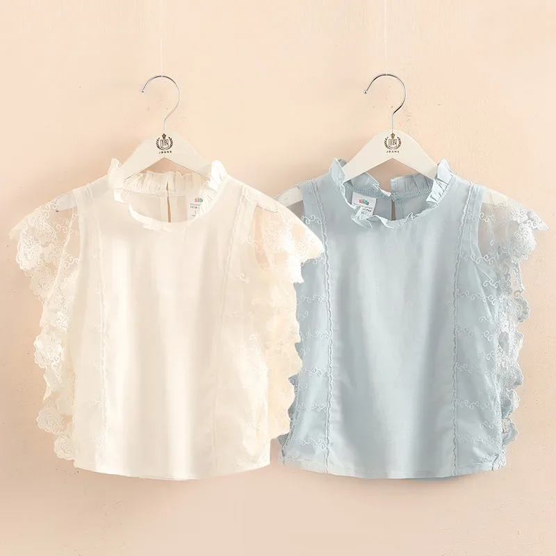 

Kids Girls Sleeveless Cotton Blouse Shirt 2025 Summer New 2 3 4 5 6 8 Years Thin Sweet Cute Solid Color Lace Patchwork Baby