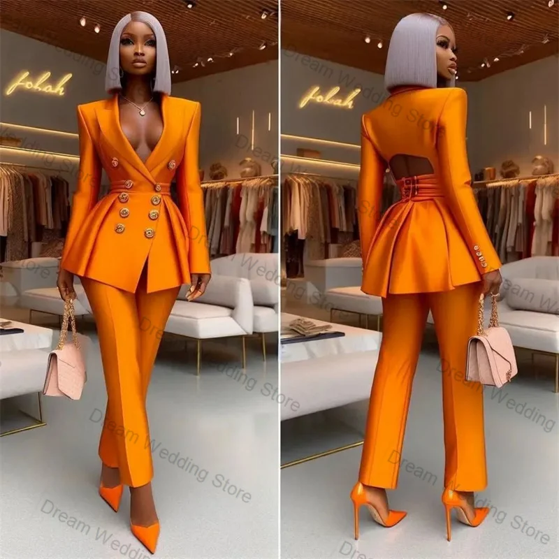 

Orange Satin Women Suit 2 Pcs Blazer+Pants Sexy Hollow Fall Autumn Formal Office Lady Jacket Customized Wedding Party Coat
