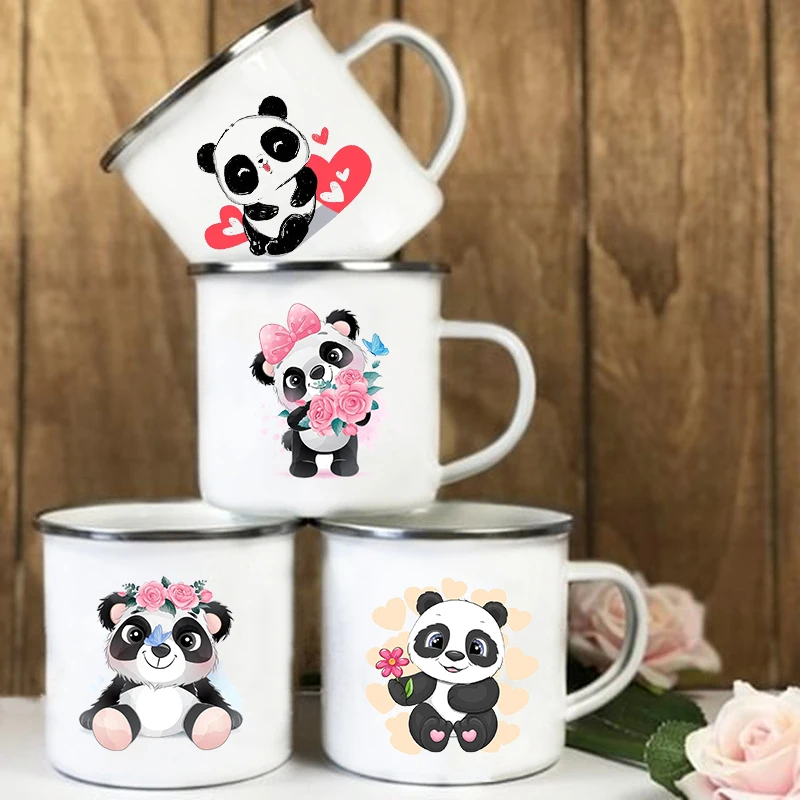 Flower Panda Printed Creative Enamel Water Cup Drink Dessert Breakfast Milk Cups Kid Mugs Handle Mug Birthday Gifts for Childen