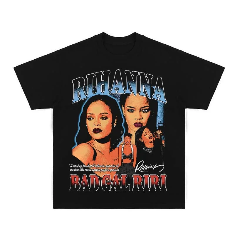 Camiseta estampada de Rihanna de verano, camiseta holgada de calle de algodón pesado para hombres y mujeres, camiseta de manga corta de marca a la moda