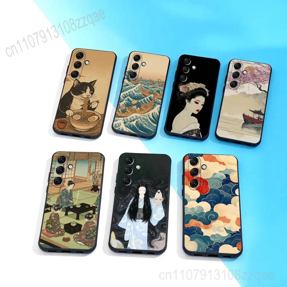 

J-Japan Style Ukiyo-e Cool Phone Case For Samsung Galaxy A 73,72,51,53,52,71,22,5G,Note,J7,8,9 Soft Black Cover