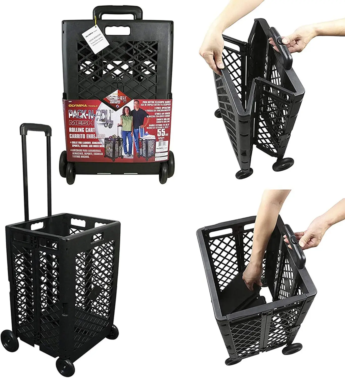 Portable Mesh Tool Cart with Telescopic Handle, 55 Lb. Capacity, Folds to 3 Inches for Easy Storage