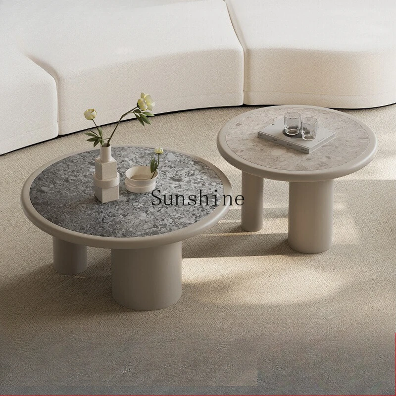 Terrazzo small apartment wabi sand wind solid wood paint size round coffee table combination