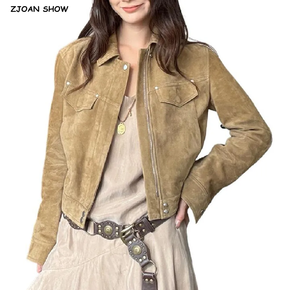 

New Vintage Lapel Collar Zip up Short Suede Coat For Woman Front Pockets Long Sleeve Short Outerwear Safari Jacket Khaki