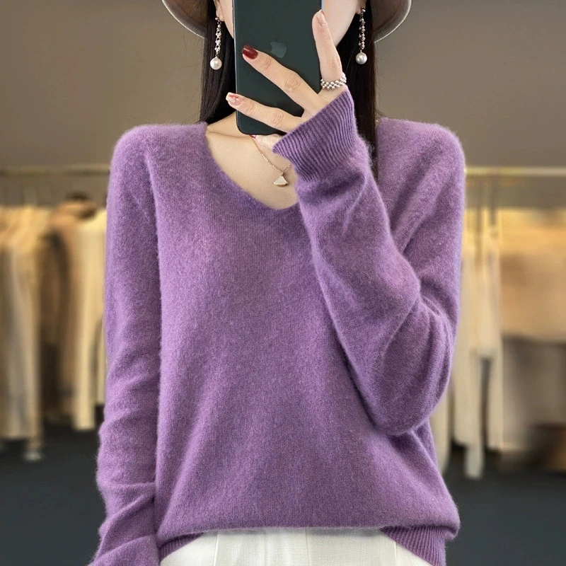 

Warm V-Neck Ribbed Sweater for Women Autumn Winter Soft Long Sleeve Knitwear Woman All-Match Pullover Jumper Female