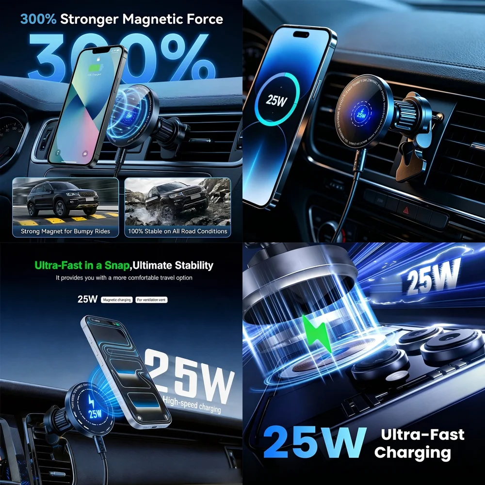 25W Magnetic Car Wireless Charger Super Fast Car Air Vent Mount Holder for iPhone 17 16 15 14 13 12 Pro Max Plus Quick Charging