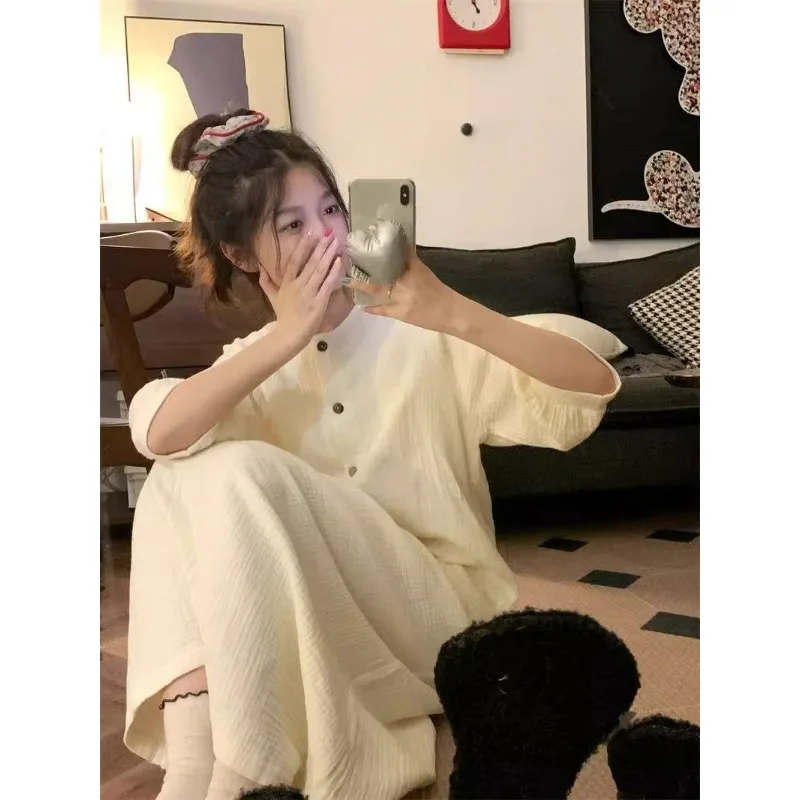 French Senior Sense of Solid Color Pajamas Female Spring and Autumn Network Red Simple Ins Girls Dormitory Casual Home Dress