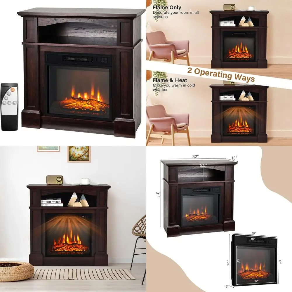 Chimenea eléctrica independiente de 32 pulgadas con repisa, calentador ajustable de 1400 W, control remoto, termostato, temporizador de 6 horas