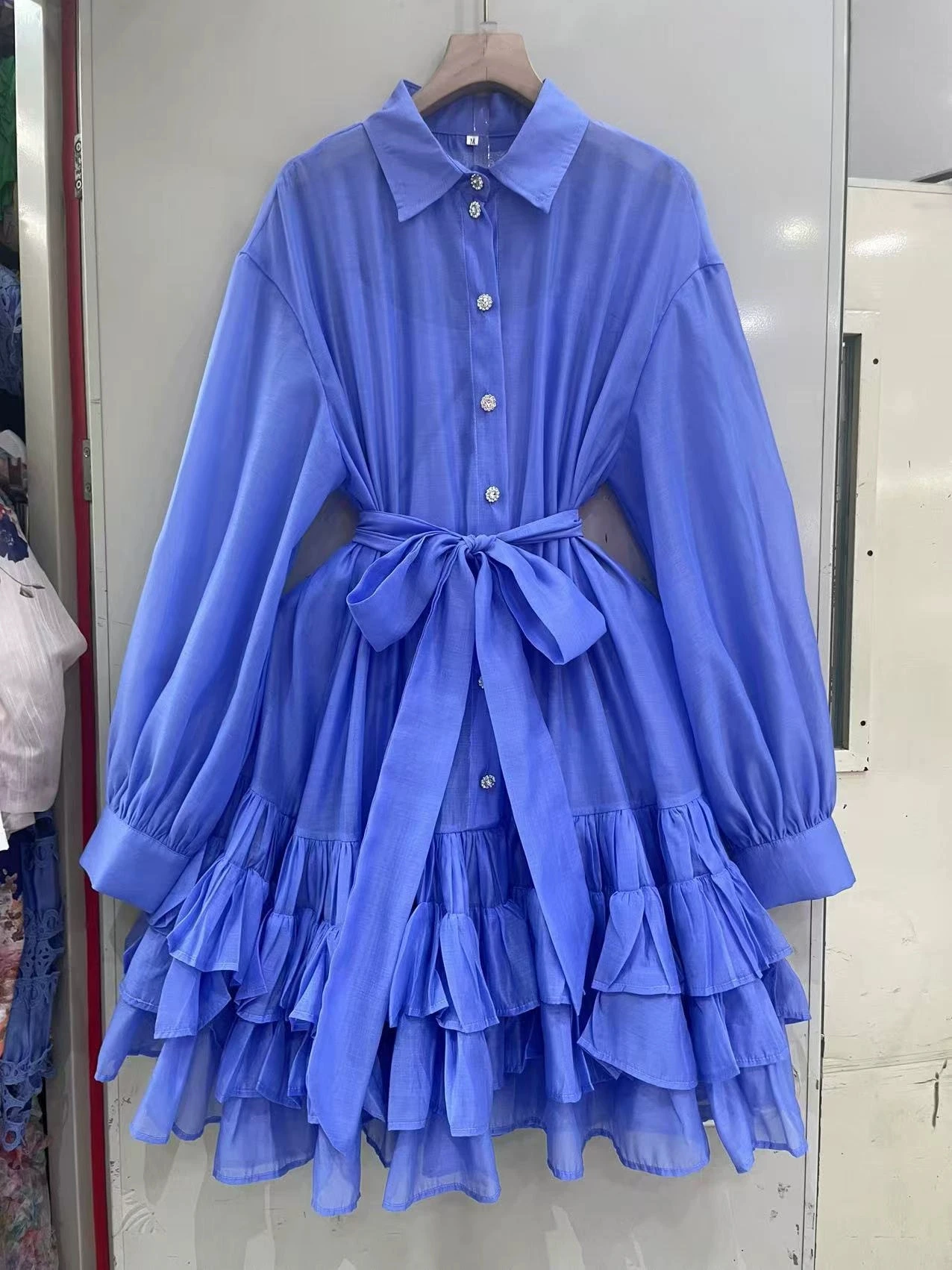 Primavera e verão feminino casual camisa vestido lapela cinto bainha decorativa costura camada solta novo estilo-GZXX020