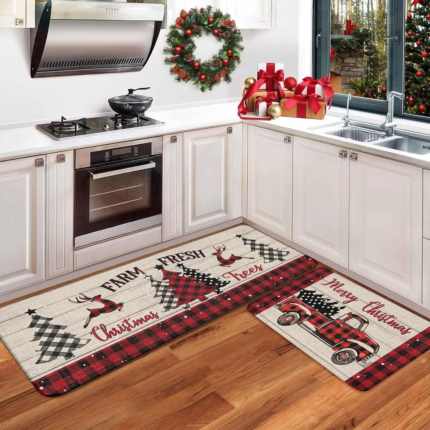VIAMA 1/2 Stück Weihnachts-Küchenteppich, rutschfest, für den Eingangsbereich, Willkommen, Fußmatte, Badezimmer, Wäsche, Bodenmatte, festliche Heimdekoration