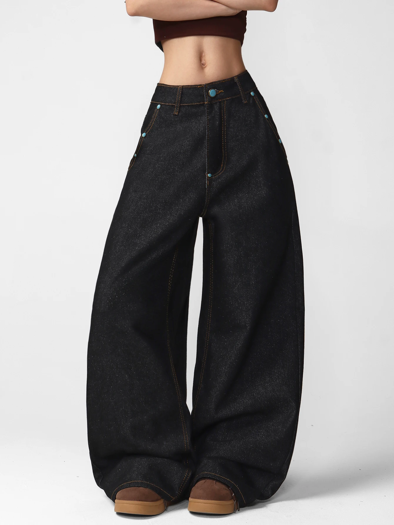 American-Style Personalized Design, Blue Rivet Decoration, Loose Fit, Street Fashion, Versatile, Wide-Leg Black Jeans For Women