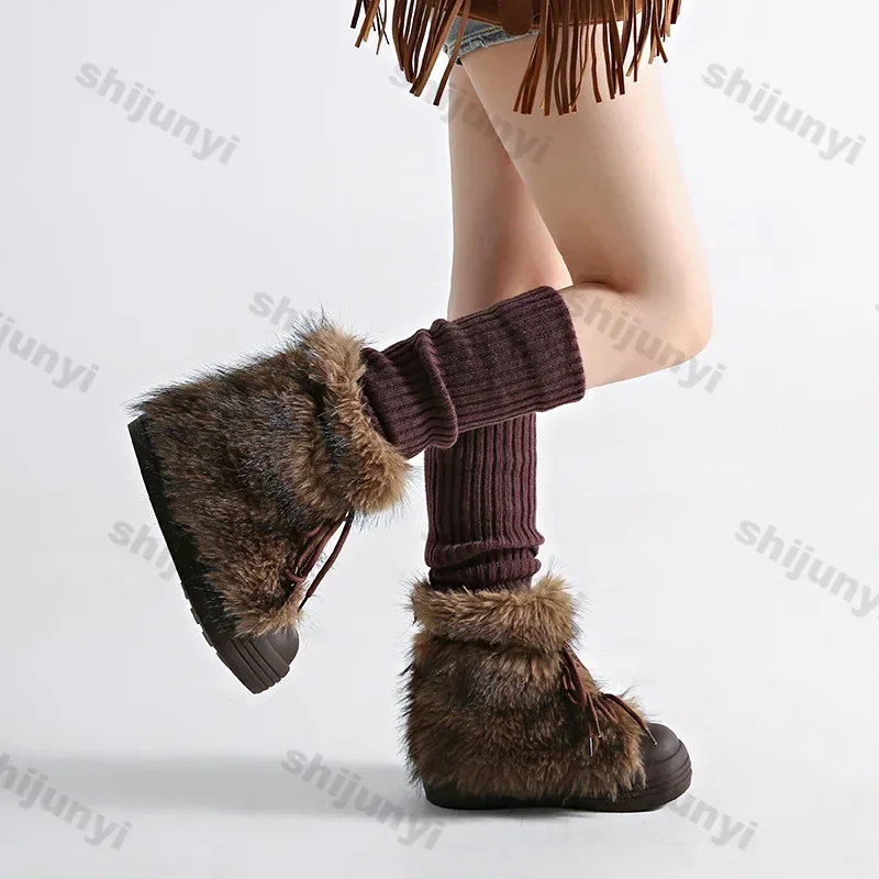 Women Winter Fur Flats Snow Boots Women 2025 Winter New Trend Warm Casual Short Plush Boots Designer Cold-resistant Botas Mujer