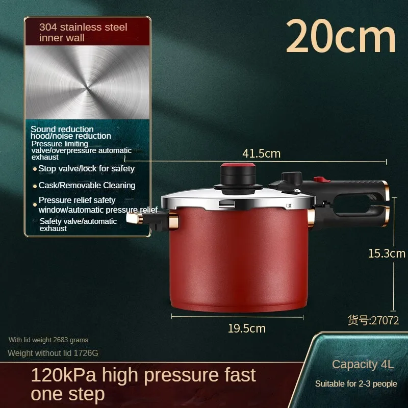 Explosion Proof Pressure Cooker for Gas and Induction Cookers 304 Stainless Steel Quick Cooker Stew Pot Noise Reduction 120kpa