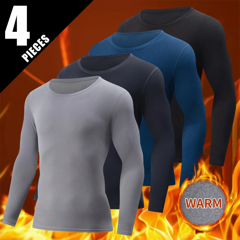 

4/1 шт., осенне-зимняя мужская однотонная теплая базовая футболка с круглым вырезом, молодежная удобная повседневная футболка среднего возраста с длинными рукавами